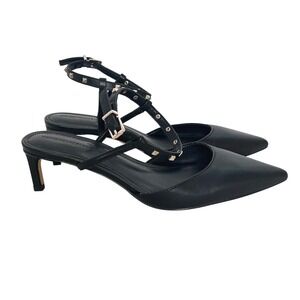White House Black Market Real Leather Studded Strap Pointed‎ Toe Heels Black 6.5